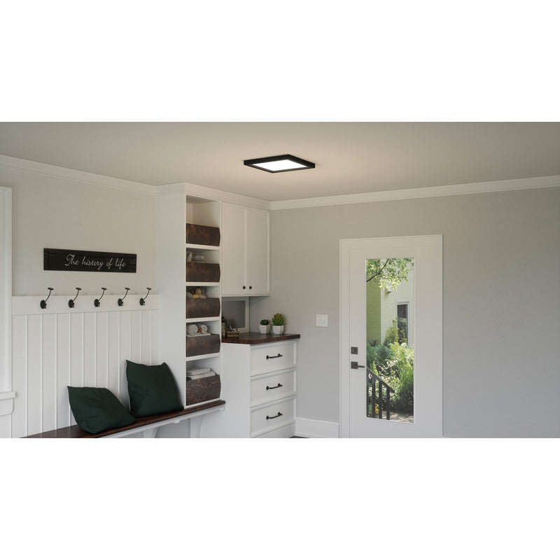 Quoizel Outskirts 15in LED Flush Mount | Modern Earth Black Steel and White Acrylic Shade | Kitchen & Hallway Ceiling Light | Model OST1615EK