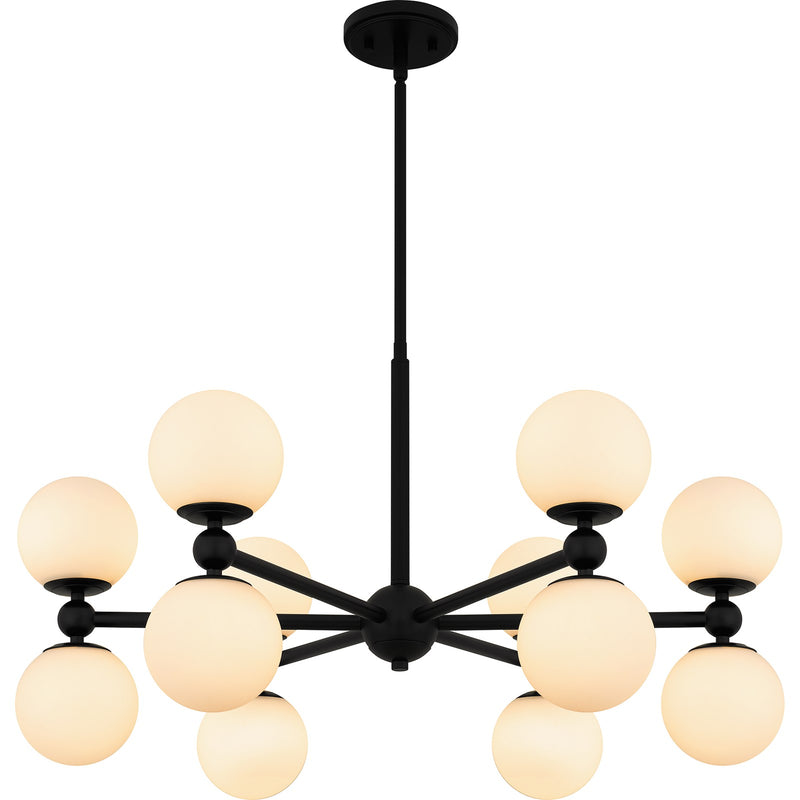 Quoizel Elser 31in 12-Light Chandelier | Modern Matte Black and Opal Etched Glass | Dining Room & Foyer | 31 x 31 x 18 in | Model PCELS5031MBK