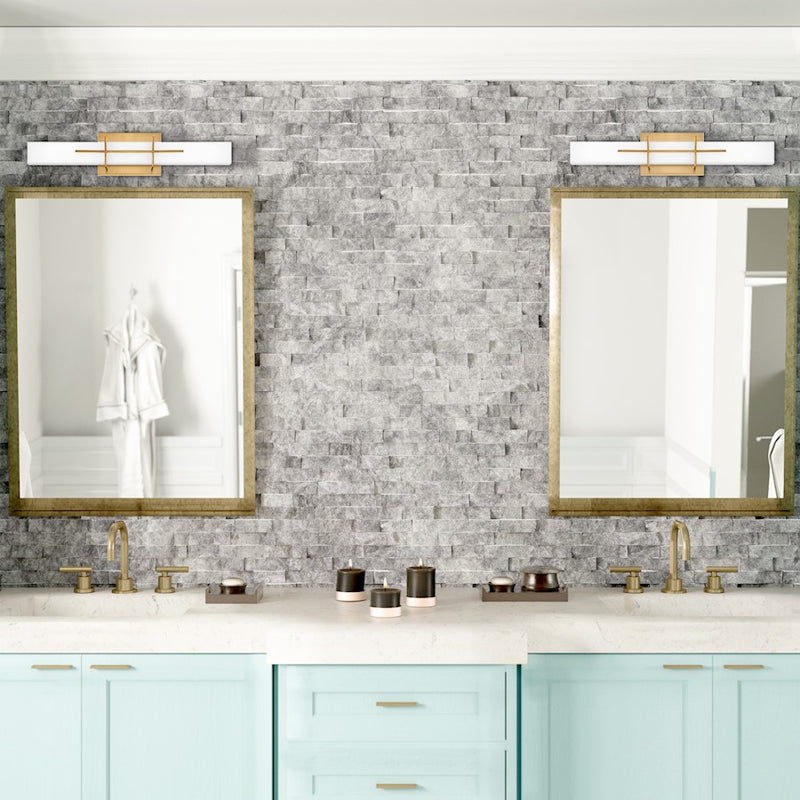 Quoizel Gemini 23in LED Vanity Light | Modern Aged Brass and Opal Etched Glass | Bathroom Vanity & Powder Room | Model PCGI8523AB