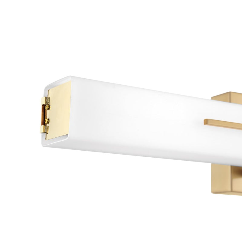 Quoizel Gemini 28in LED Vanity Light | Modern Aged Brass and Opal Etched Glass | Bathroom Vanity & Powder Room | Model PCGI8528AB
