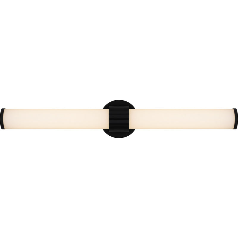 Quoizel Kaye 28in Integrated LED Bath Light | Modern Matte Black and Clear Etched Glass | Bathroom Vanity | 28 x 4.25 x 4.75 in | Model PCKAY8528MBK
