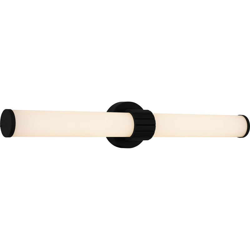 Quoizel Kaye 28in Integrated LED Bath Light | Modern Matte Black and Clear Etched Glass | Bathroom Vanity | 28 x 4.25 x 4.75 in | Model PCKAY8528MBK