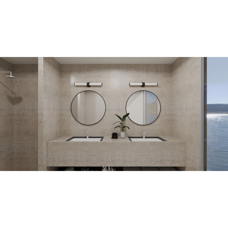 Quoizel Kaye 28in Integrated LED Bath Light | Modern Matte Black and Clear Etched Glass | Bathroom Vanity | 28 x 4.25 x 4.75 in | Model PCKAY8528MBK
