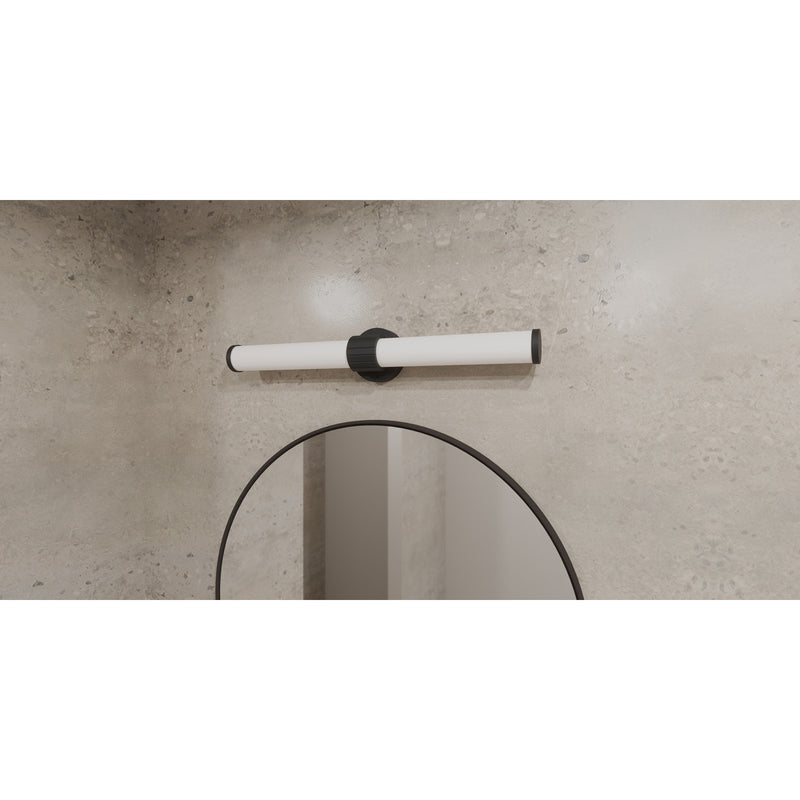 Quoizel Kaye 28in Integrated LED Bath Light | Modern Matte Black and Clear Etched Glass | Bathroom Vanity | 28 x 4.25 x 4.75 in | Model PCKAY8528MBK