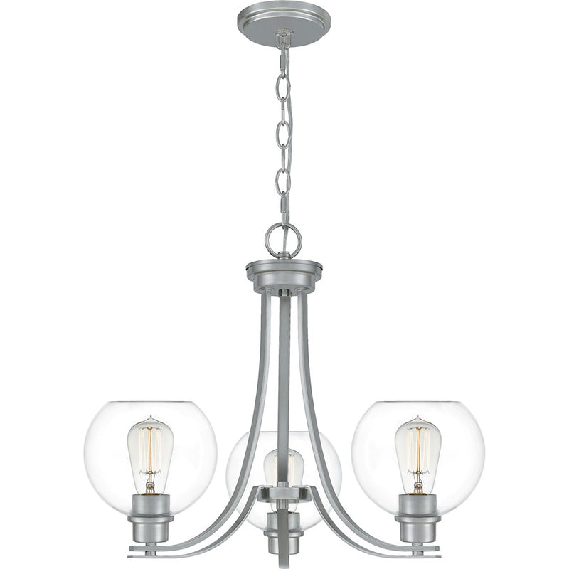 Quoizel Pruitt 3 Light Chandelier, Brushed Nickel/Clear