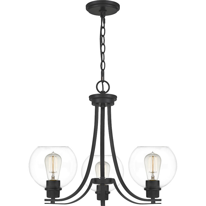 Quoizel Pruitt 3 Light Chandelier, Matte Black/Clear