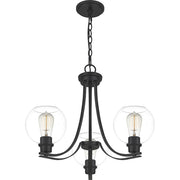 Quoizel Pruitt 3 Light Chandelier, Matte Black/Clear