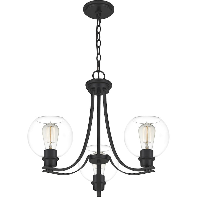 Quoizel Pruitt 3 Light Chandelier, Matte Black/Clear