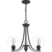 Quoizel Pruitt 3 Light Chandelier, Matte Black/Clear