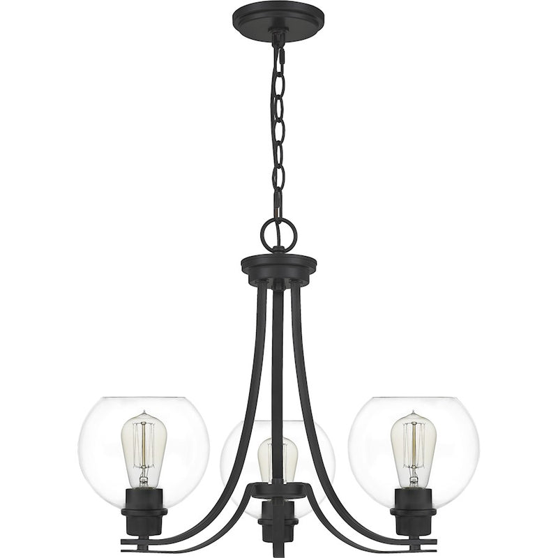 Quoizel Pruitt 3 Light Chandelier, Matte Black/Clear