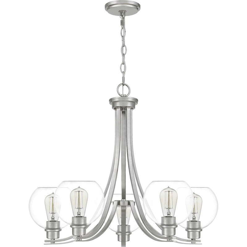 Quoizel Pruitt 5 Light Chandelier, Brushed Nickel/Clear