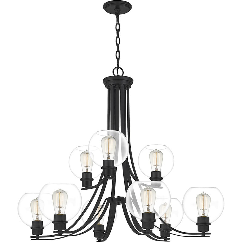 Quoizel Pruitt 9 Light Chandelier, Matte Black/Clear