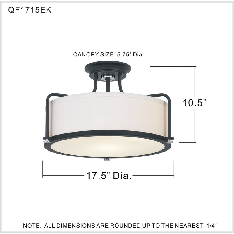 Quoizel Rigel 17in 3-Light Semi-Flush Mount | Transitional Earth Black and Eggshell Fabric | Bedroom & Hallway | Model QF1715EK