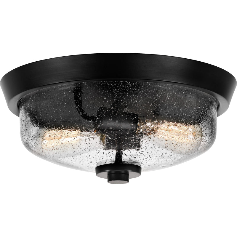 Quoizel Radius 13in 2-Light Flush Mount | Industrial Earth Black and Clear Seedy Glass | Hallway & Foyer | 13 x 13 x 5.5 in | Model QF3414EK