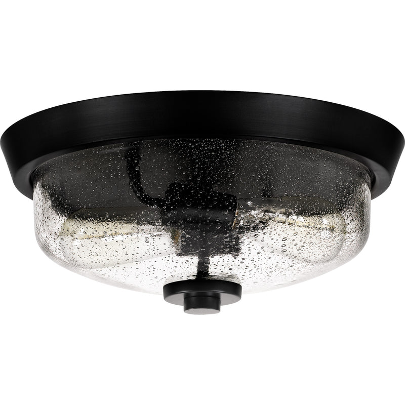 Quoizel Radius 13in 2-Light Flush Mount | Industrial Earth Black and Clear Seedy Glass | Hallway & Foyer | 13 x 13 x 5.5 in | Model QF3414EK