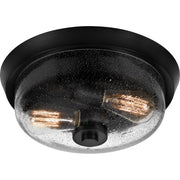 Quoizel Radius 13in 2-Light Flush Mount | Industrial Earth Black and Clear Seedy Glass | Hallway & Foyer | 13 x 13 x 5.5 in | Model QF3414EK