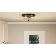 Quoizel Radius 13in 2-Light Flush Mount | Industrial Earth Black and Clear Seedy Glass | Hallway & Foyer | 13 x 13 x 5.5 in | Model QF3414EK