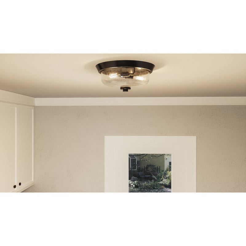 Quoizel Radius 13in 2-Light Flush Mount | Industrial Earth Black and Clear Seedy Glass | Hallway & Foyer | 13 x 13 x 5.5 in | Model QF3414EK