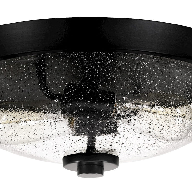 Quoizel Radius 13in 2-Light Flush Mount | Industrial Earth Black and Clear Seedy Glass | Hallway & Foyer | 13 x 13 x 5.5 in | Model QF3414EK