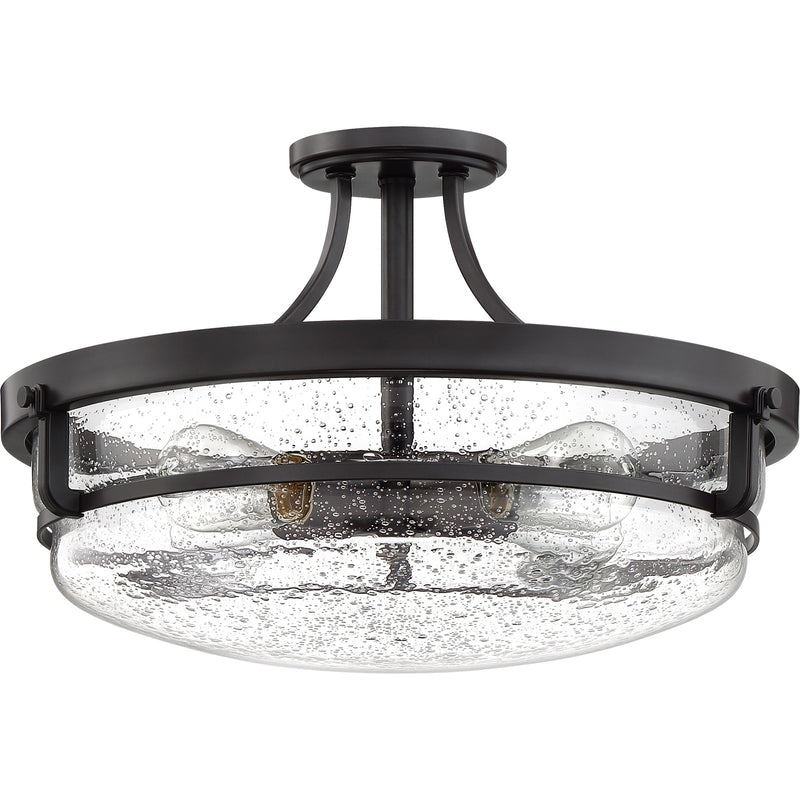 Quoizel Outpost 19in 4-Light Semi-Flush Mount | Rustic Palladian Bronze and Clear Seedy Glass | Foyer & Living Room | 19 x 19 x 12 in | Model QF3419PN