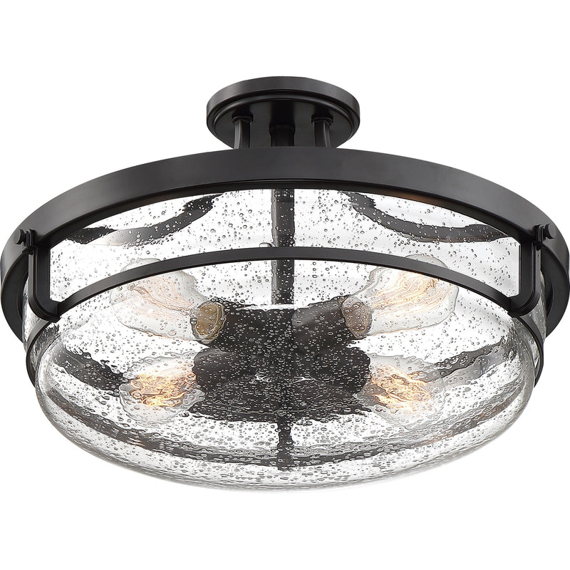 Quoizel Outpost 19in 4-Light Semi-Flush Mount | Rustic Palladian Bronze and Clear Seedy Glass | Foyer & Living Room | 19 x 19 x 12 in | Model QF3419PN