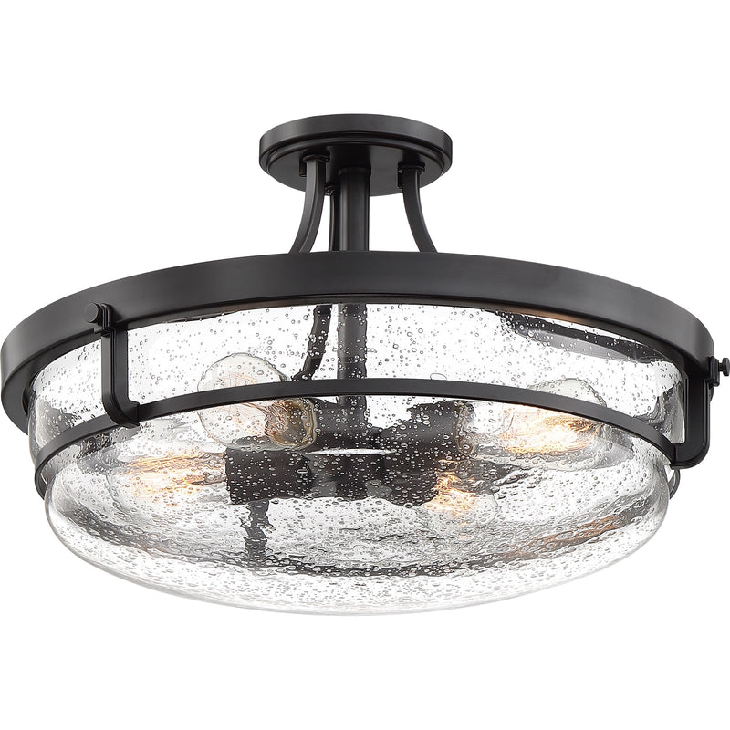 Quoizel Outpost 19in 4-Light Semi-Flush Mount | Rustic Palladian Bronze and Clear Seedy Glass | Foyer & Living Room | 19 x 19 x 12 in | Model QF3419PN