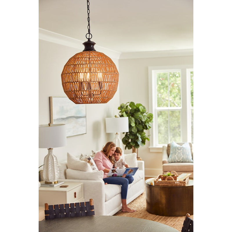 Quoizel Casablanca 18.25in 3-Light Pendant | Coastal Palladian Bronze and Natural Paper Rope | Kitchen Island & Dining Room | Model QF4034PN