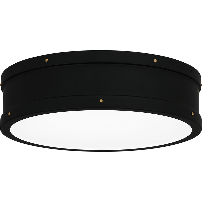 Quoizel Ahoy 13in LED Flush Mount | Industrial Matte Black and Etched Glass | Bedroom & Hallway | 12.75 x 12.75 x 3.5 in | Model QF5224MBK