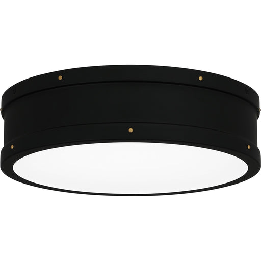 Quoizel Ahoy 13in LED Flush Mount | Industrial Matte Black and Etched Glass | Bedroom & Hallway | 12.75 x 12.75 x 3.5 in | Model QF5224MBK