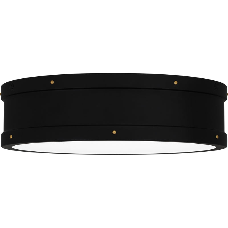 Quoizel Ahoy 13in LED Flush Mount | Industrial Matte Black and Etched Glass | Bedroom & Hallway | 12.75 x 12.75 x 3.5 in | Model QF5224MBK