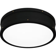 Quoizel Ahoy 13in LED Flush Mount | Industrial Matte Black and Etched Glass | Bedroom & Hallway | 12.75 x 12.75 x 3.5 in | Model QF5224MBK