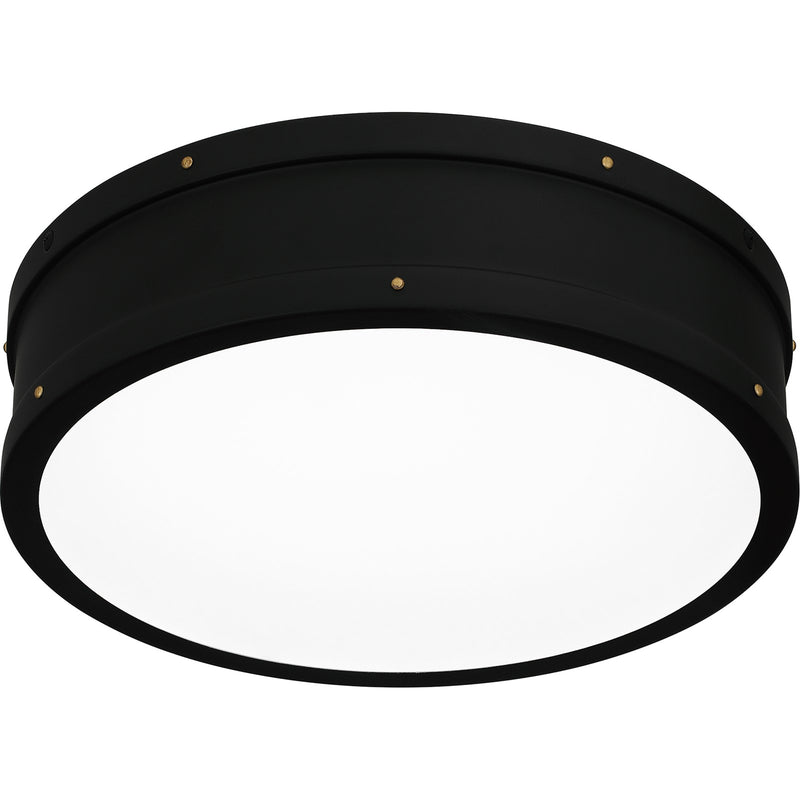 Quoizel Ahoy 13in LED Flush Mount | Industrial Matte Black and Etched Glass | Bedroom & Hallway | 12.75 x 12.75 x 3.5 in | Model QF5224MBK
