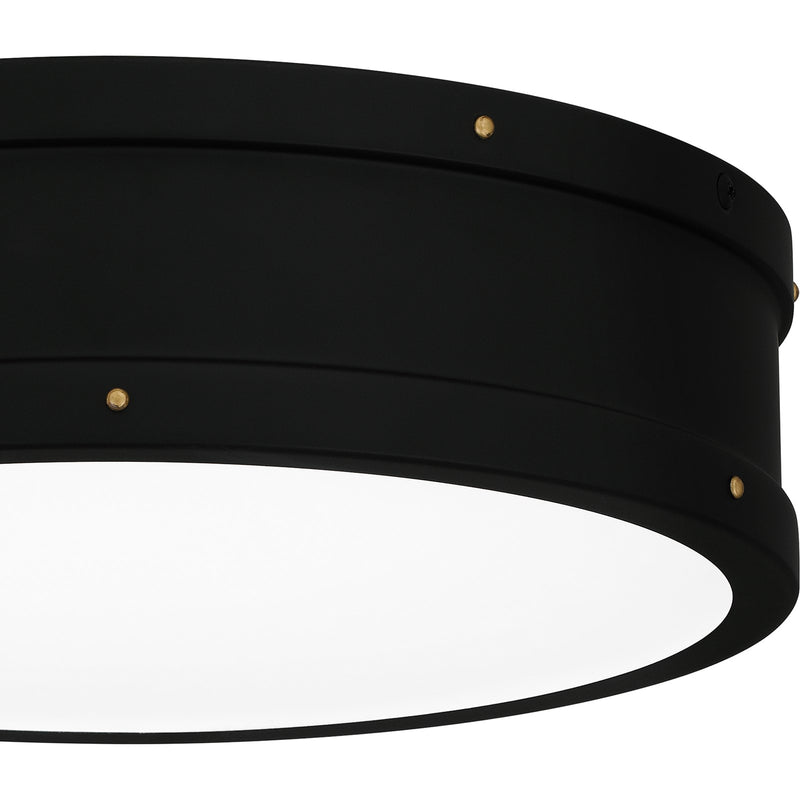 Quoizel Ahoy 13in LED Flush Mount | Industrial Matte Black and Etched Glass | Bedroom & Hallway | 12.75 x 12.75 x 3.5 in | Model QF5224MBK