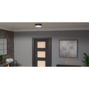 Quoizel Ahoy 13in LED Flush Mount | Industrial Matte Black and Etched Glass | Bedroom & Hallway | 12.75 x 12.75 x 3.5 in | Model QF5224MBK