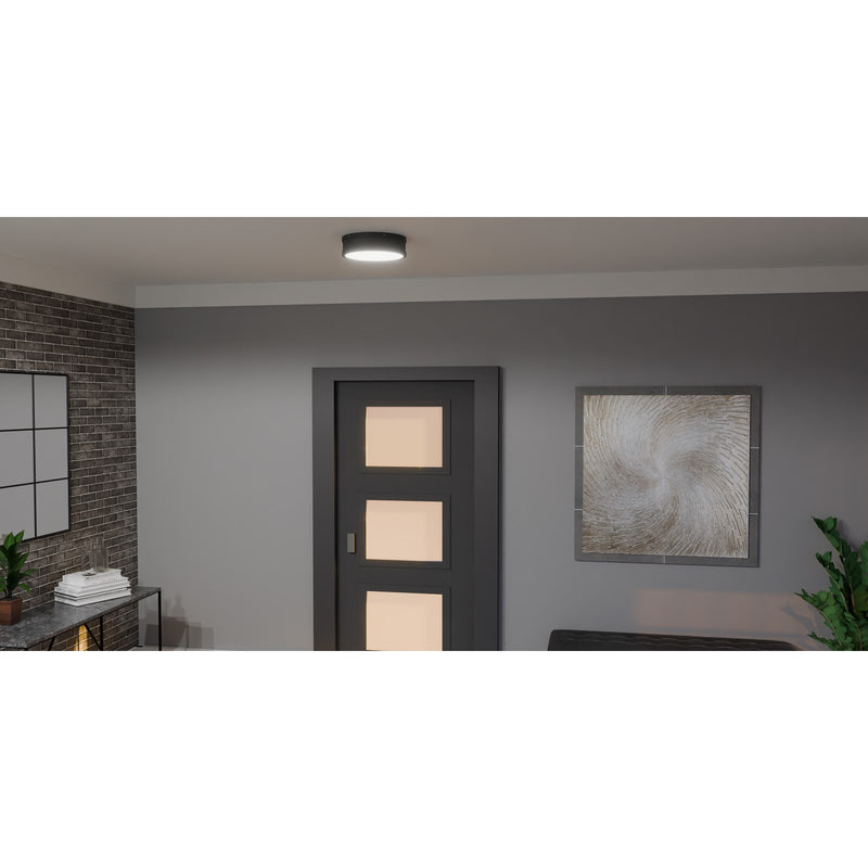 Quoizel Ahoy 13in LED Flush Mount | Industrial Matte Black and Etched Glass | Bedroom & Hallway | 12.75 x 12.75 x 3.5 in | Model QF5224MBK
