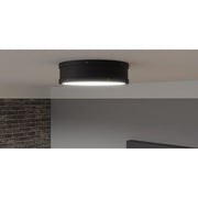 Quoizel Ahoy 13in LED Flush Mount | Industrial Matte Black and Etched Glass | Bedroom & Hallway | 12.75 x 12.75 x 3.5 in | Model QF5224MBK