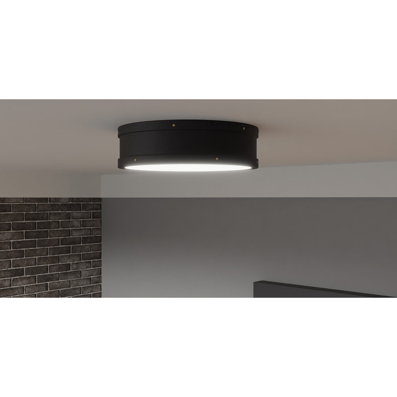 Quoizel Ahoy 13in LED Flush Mount | Industrial Matte Black and Etched Glass | Bedroom & Hallway | 12.75 x 12.75 x 3.5 in | Model QF5224MBK