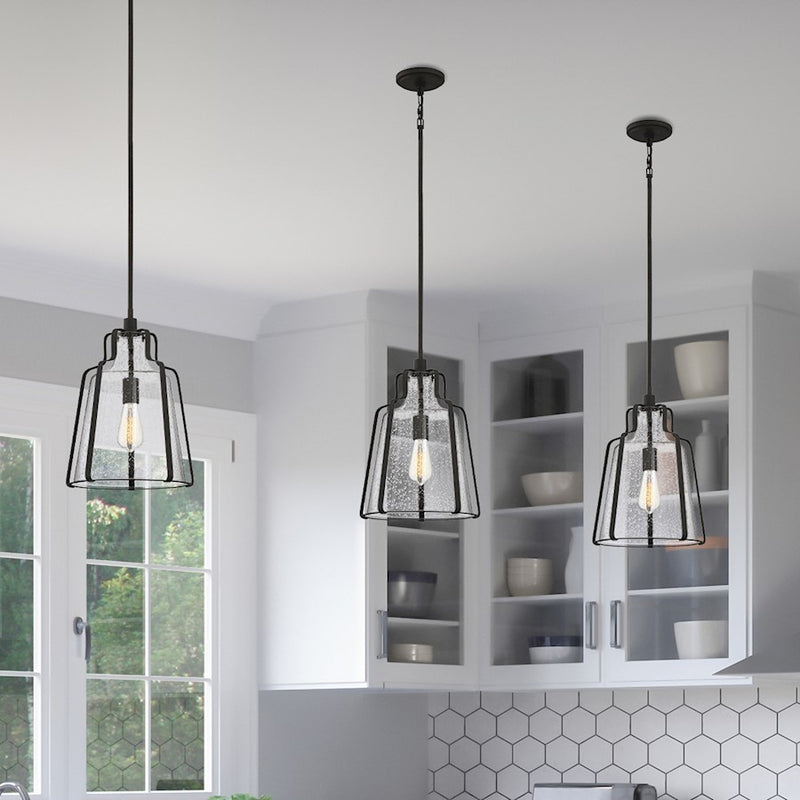 Quoizel Haverford 1 Light Pendant, Rustic Black/Clear Seeded