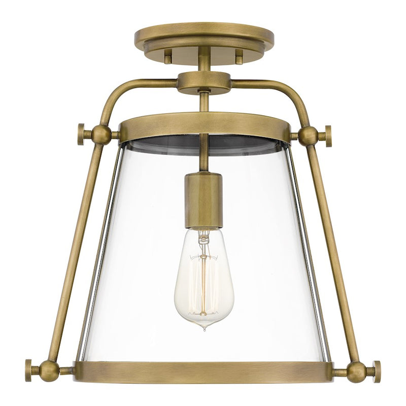 Quoizel Cardiff 1 Light Semi-Flush Mount, Weathered Brass/Clear
