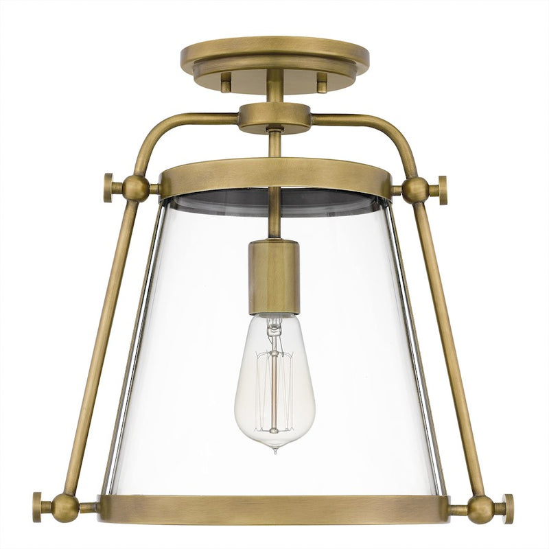 Quoizel Cardiff 1 Light Semi-Flush Mount, Weathered Brass/Clear