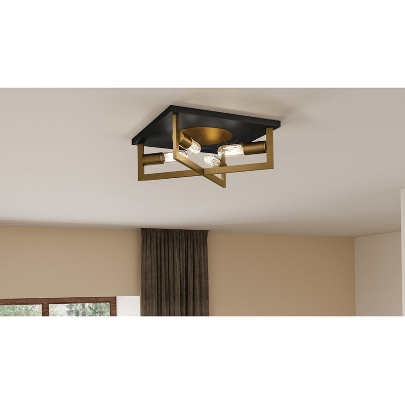 Quoizel Brunson 14in 4-Light Flush Mount | Industrial Aged Brass Steel | Entryway & Hallway | 14 x 14 x 5.5 in | Model QFL5353AB