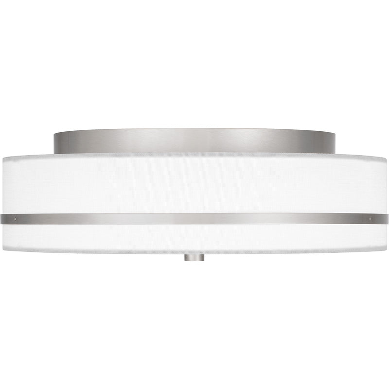 Quoizel Belotte 15in 3-Light Flush Mount | Transitional Brushed Nickel and Off White Fabric | Hallway & Bedroom Ceiling Light | Model QFL6180BN