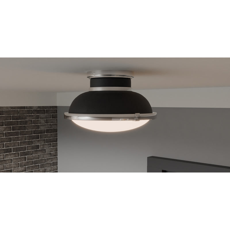 Quoizel Tobias 14in 2-Light Flush Mount | Industrial Matte Black and Etched Glass | Hallway & Home Office | 14 x 14 x 8.75 in | Model QFL6184MBK