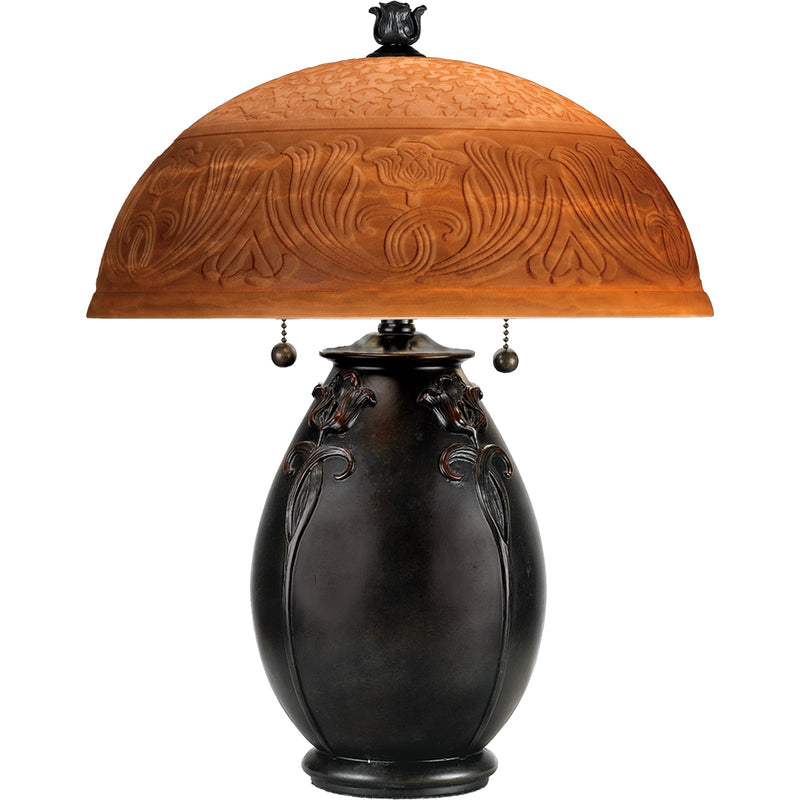 Quoizel Glenhaven 18in Table Lamp | Art Nouveau Teco Rossa Resin and Etched Glass | Bedroom & Living Room | 14 x 14 x 17.8 in | Model QJ6781TR