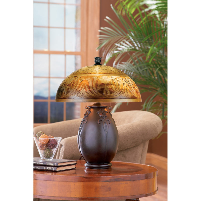 Quoizel Glenhaven 18in Table Lamp | Art Nouveau Teco Rossa Resin and Etched Glass | Bedroom & Living Room | 14 x 14 x 17.8 in | Model QJ6781TR
