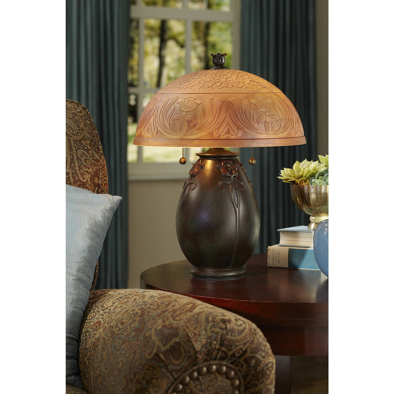 Quoizel Glenhaven 18in Table Lamp | Art Nouveau Teco Rossa Resin and Etched Glass | Bedroom & Living Room | 14 x 14 x 17.8 in | Model QJ6781TR