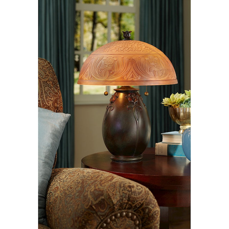 Quoizel Glenhaven 18in Table Lamp | Art Nouveau Teco Rossa Resin and Etched Glass | Bedroom & Living Room | 14 x 14 x 17.8 in | Model QJ6781TR