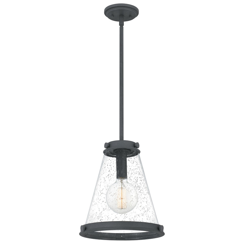 Quoizel Bristol 13in 1-Light Pendant | Industrial Mottled Black and Clear Seedy Glass | Kitchen Island & Dining Room | Model QP5260MB