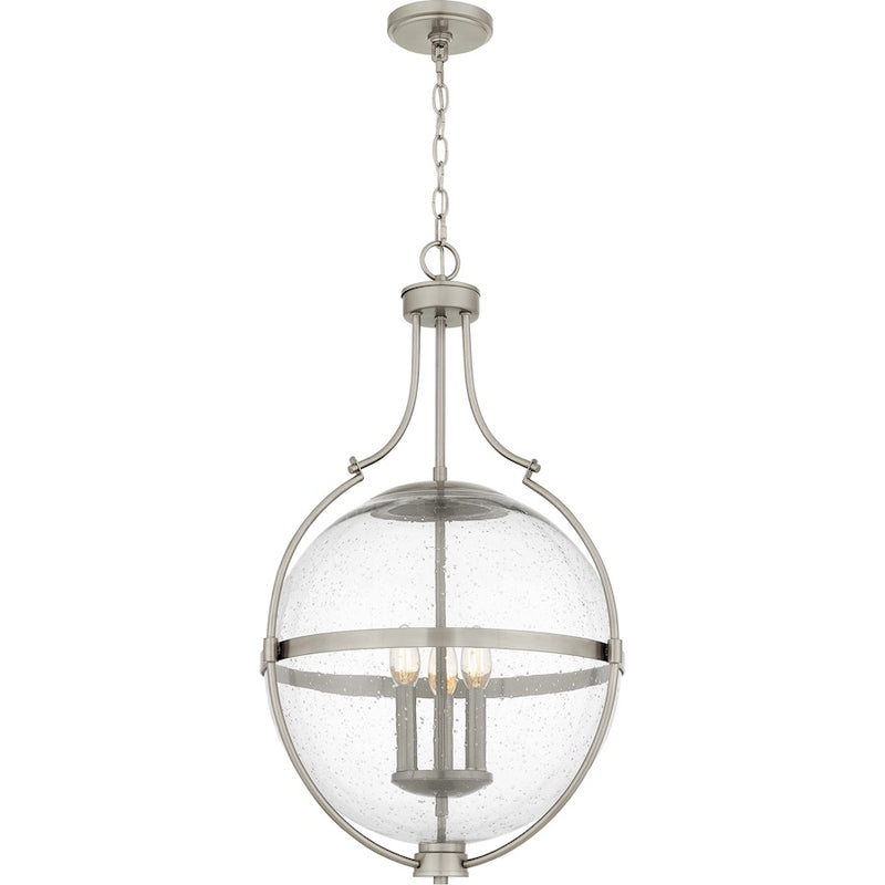 Quoizel Chicago 18in 3-Light Pendant | Transitional Brushed Nickel and Clear Seedy Glass | Kitchen Island & Bar | 17.5 x 17.5 x 29 in | Model QP6169BN