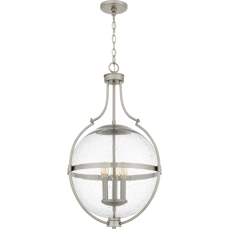 Quoizel Chicago 18in 3-Light Pendant | Transitional Brushed Nickel and Clear Seedy Glass | Kitchen Island & Bar | 17.5 x 17.5 x 29 in | Model QP6169BN